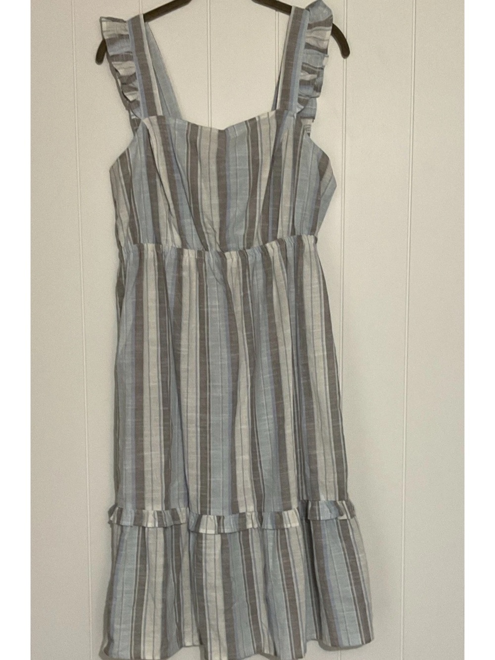 Madison Grey Blue White Gray Striped Smocked Ruffle Midi Sundress M Cotton